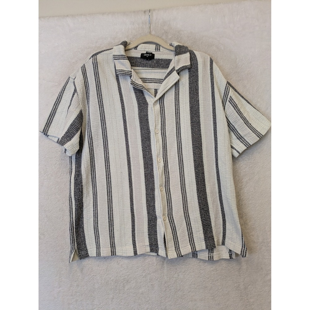 Forever 21 Button Front‎ Shirt Men's Large White Black Striped Textured